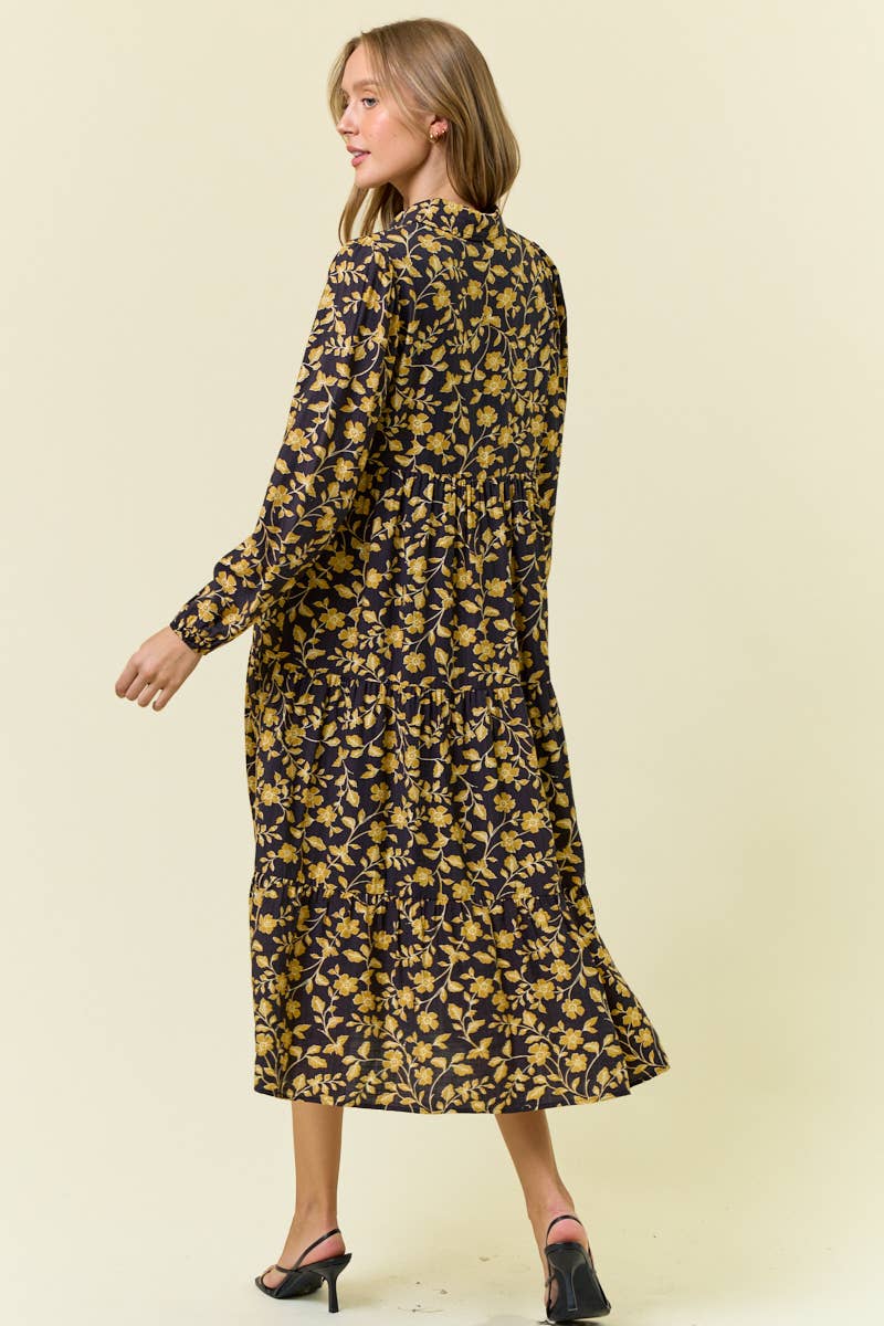 Floral Printed Long Sleeve Tiered Midi Dress