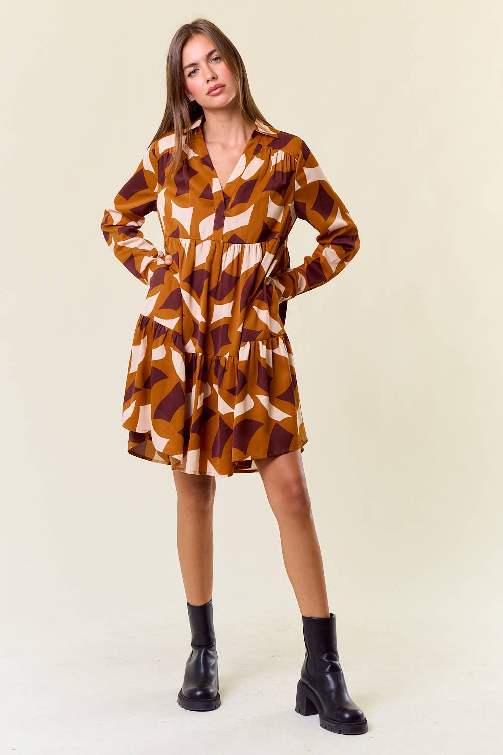 Abstract Print Long Sleeve Tiered Mini Dress