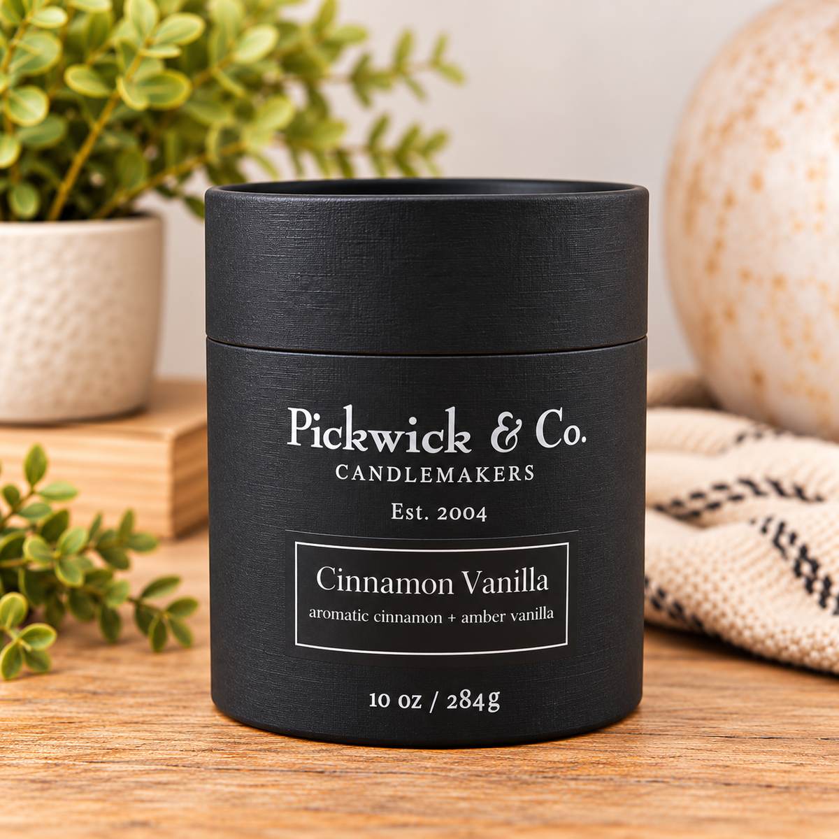 Pickwick & Co. Cinnamon Vanilla 10 oz candle in black gift tube