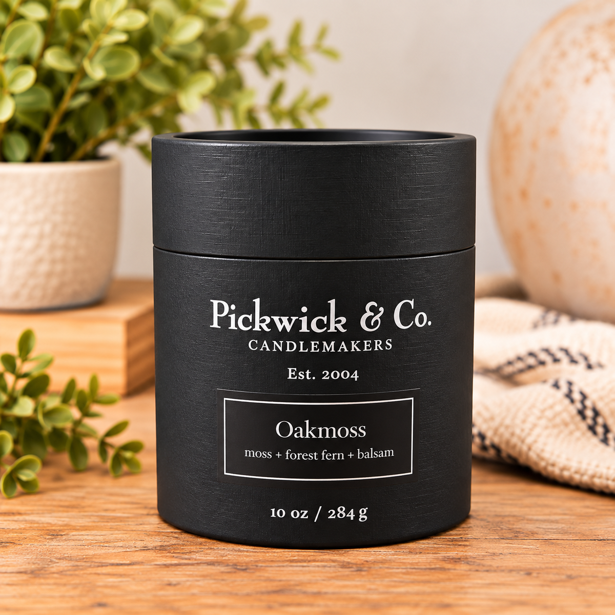 Pickwick & Co. Oakmoss 10 oz candle in black gift tube