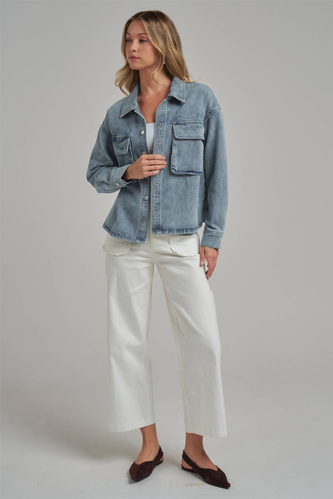 WASHED DENIM SHACKET WITH 3D FRONT POCKETS