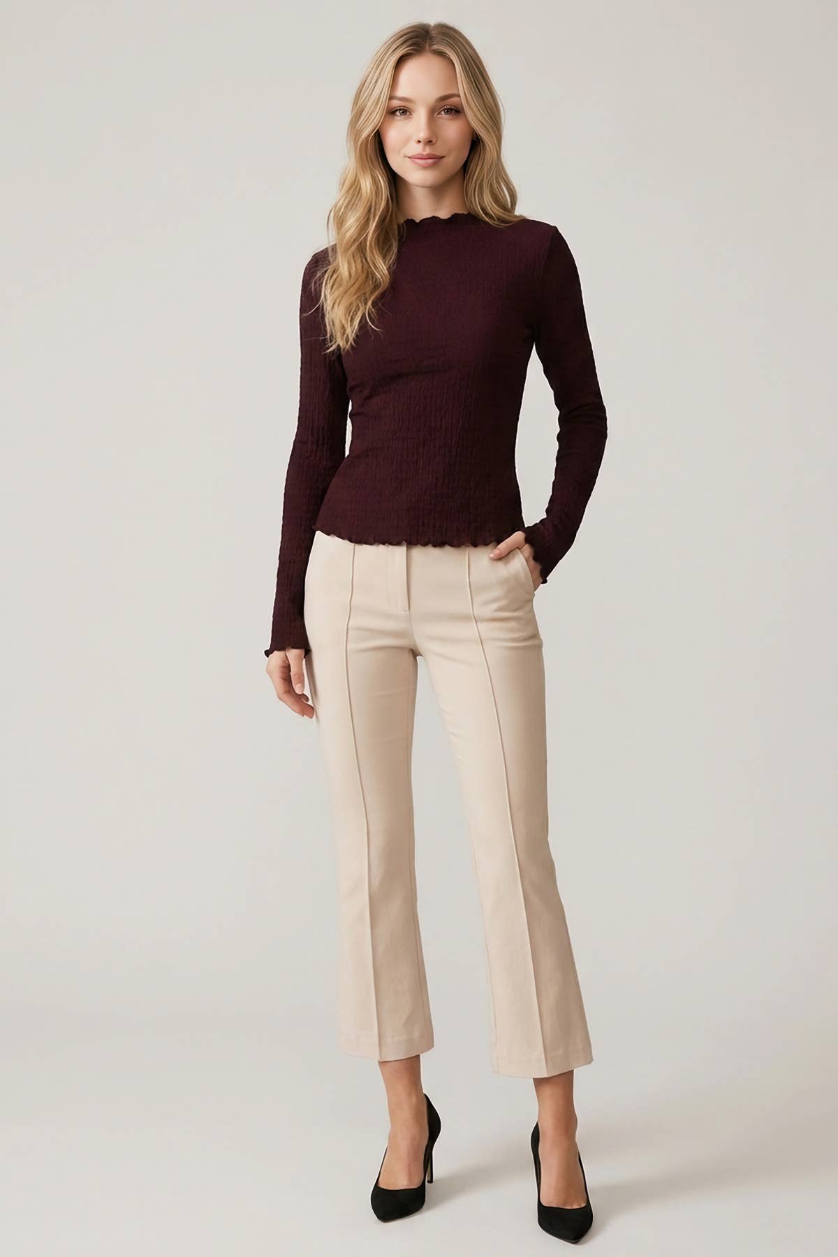 SMOCKED CRINKLED TEXTURED MOCK NECK LONG SLEEVE TOP
