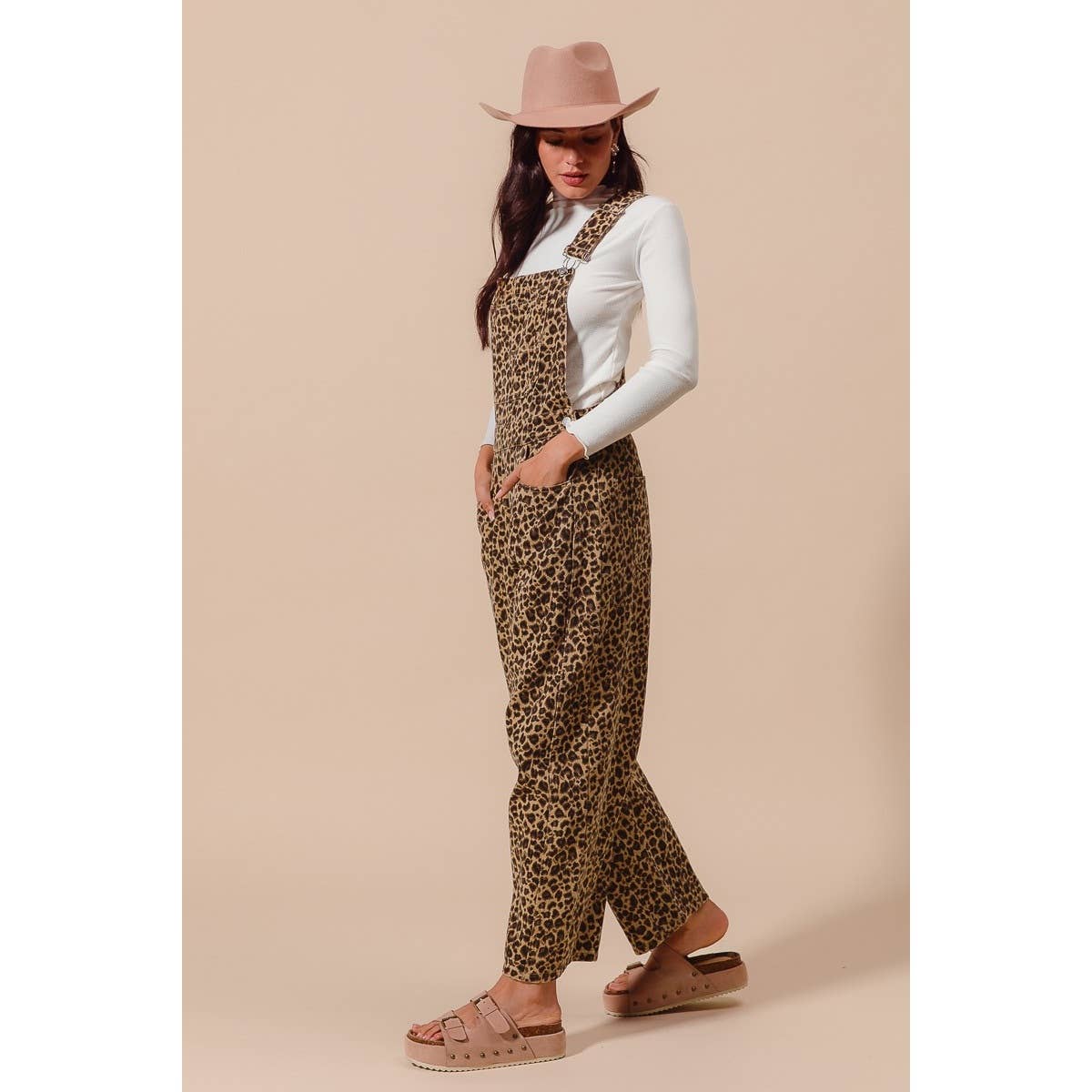 LEOPARD TWILL SLOUCHY BARREL OVERALLS JUMPSUIT