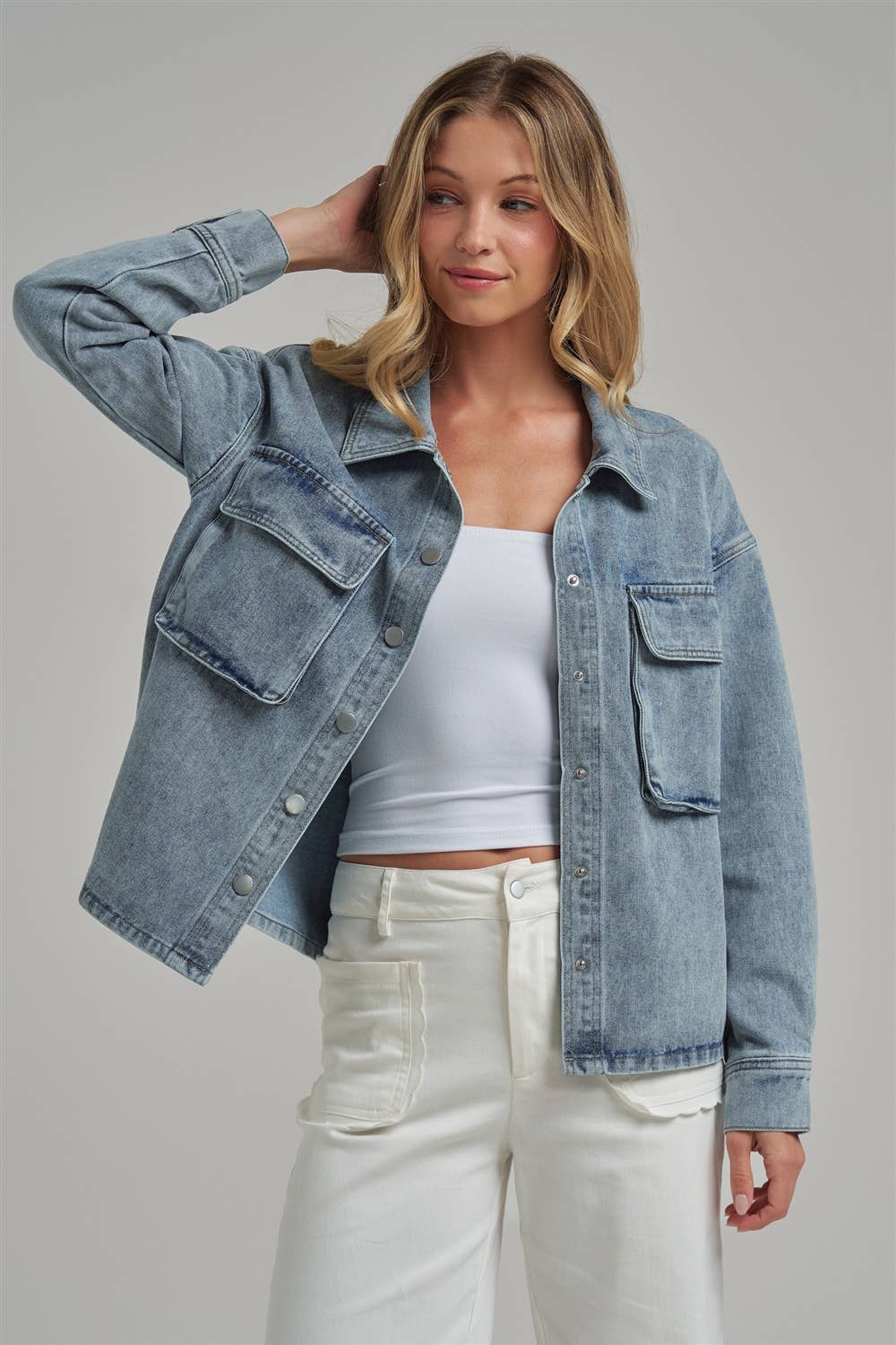 WASHED DENIM SHACKET WITH 3D FRONT POCKETS