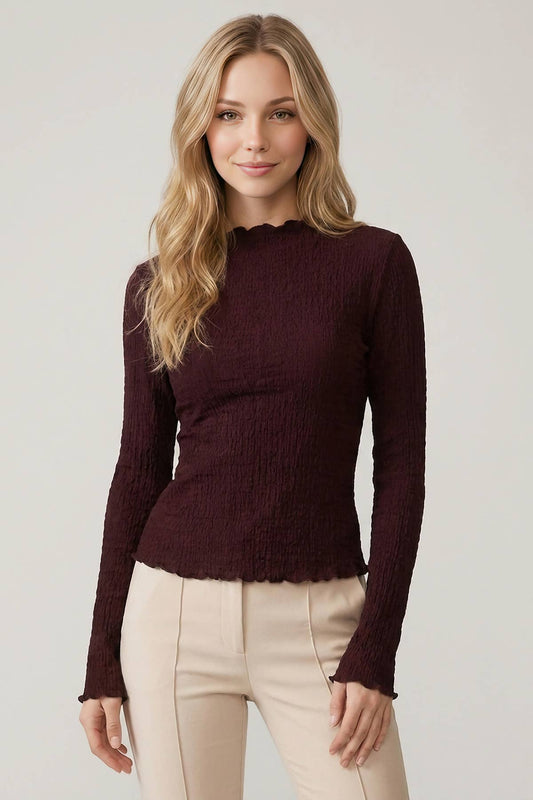 SMOCKED CRINKLED TEXTURED MOCK NECK LONG SLEEVE TOP