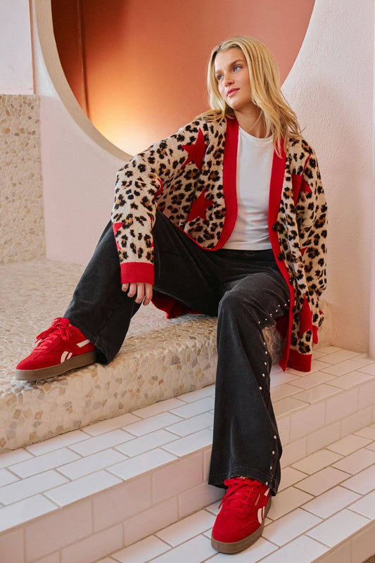 PLUS SIZE LEOPARD STAR CARDIGAN SWEATER