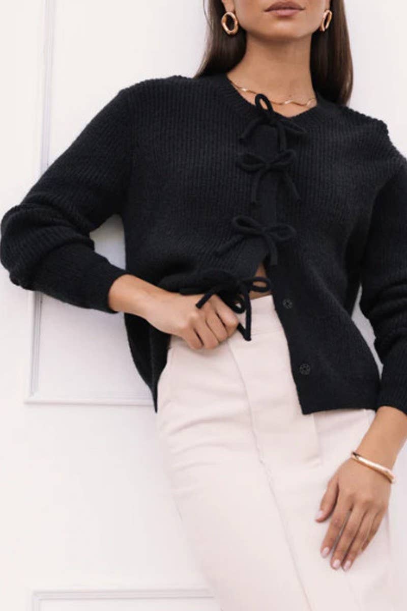 Bow Snap Button Detail Long Sleeve Sweater Cardigan