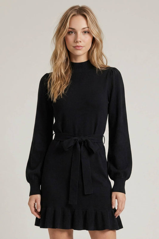MOCK NECK PUFF SLEEVE RUFFLED HEM SWEATER DRESS