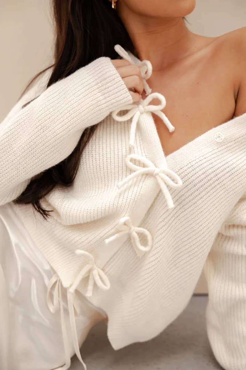 Bow Snap Button Detail Long Sleeve Sweater Cardigan