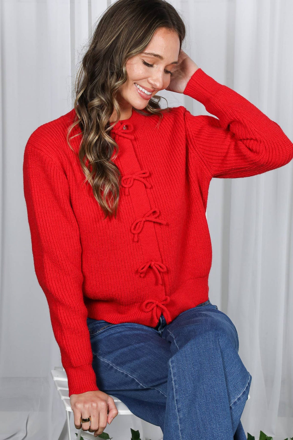 Bow Snap Button Detail Long Sleeve Sweater Cardigan