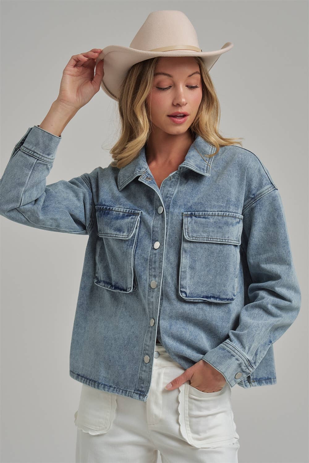 WASHED DENIM SHACKET WITH 3D FRONT POCKETS