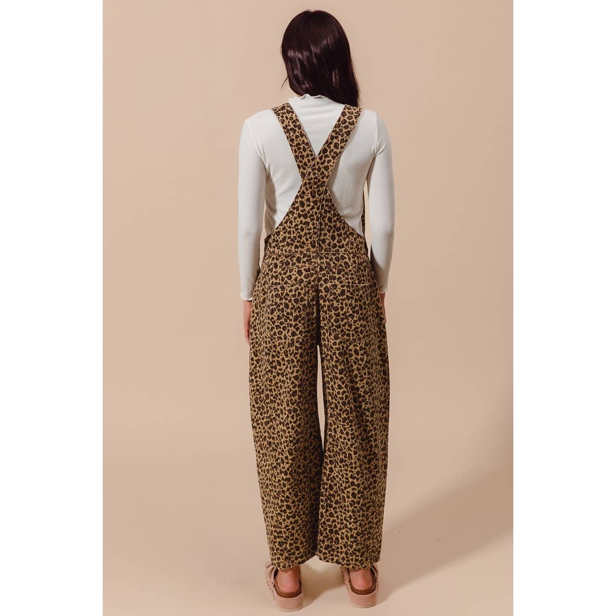 LEOPARD TWILL SLOUCHY BARREL OVERALLS JUMPSUIT