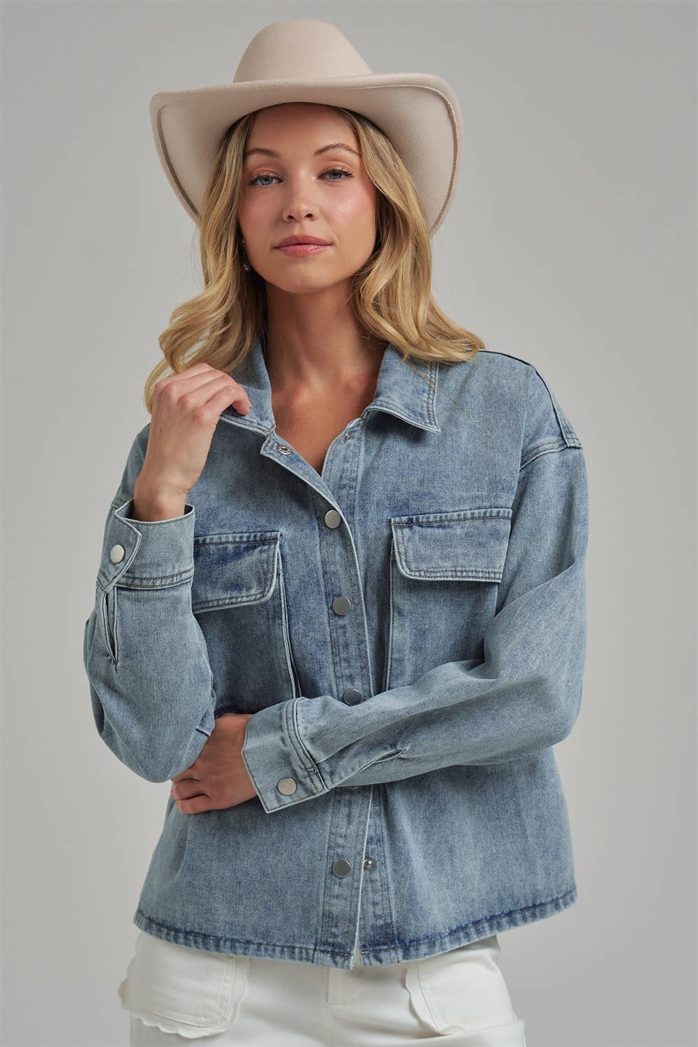 WASHED DENIM SHACKET WITH 3D FRONT POCKETS