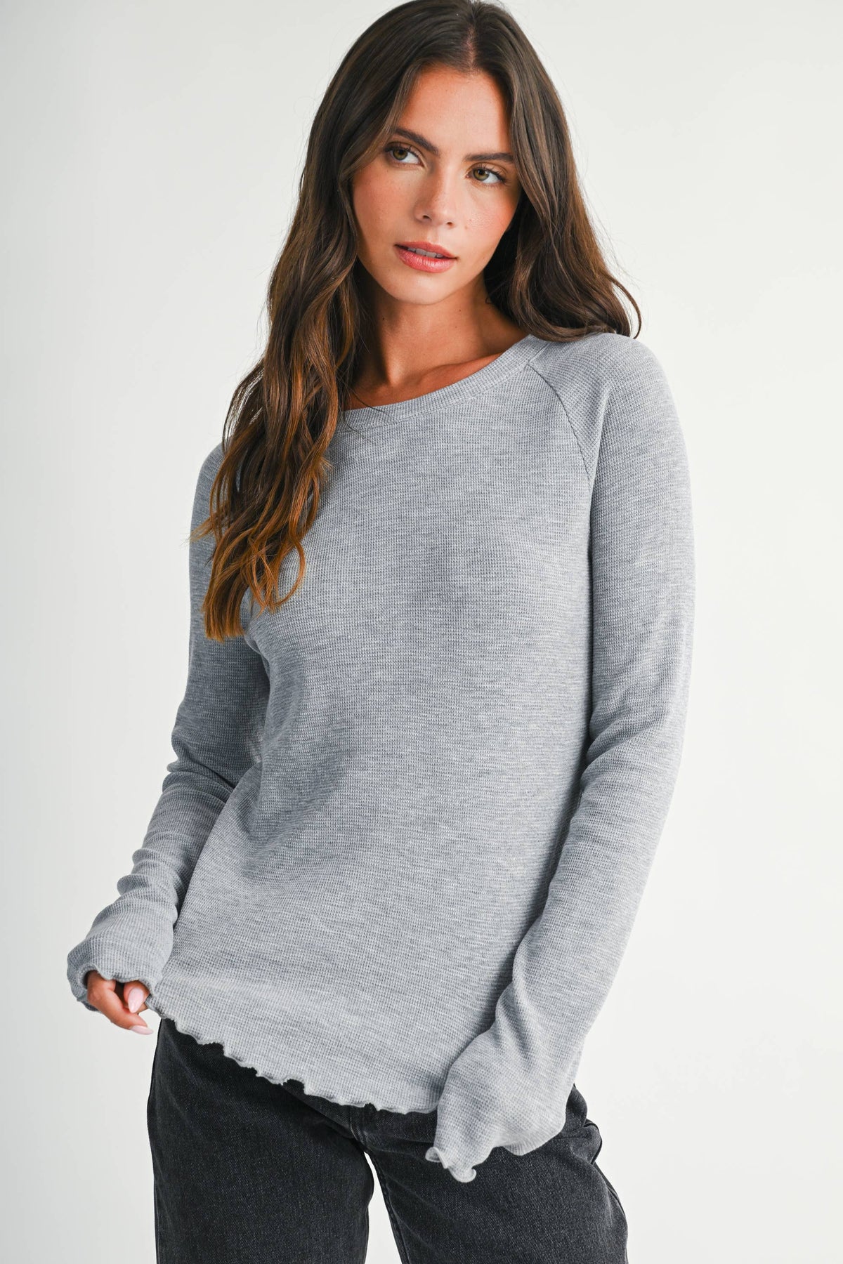 Thermal Knit Lettuce Edge Long Sleeve Top