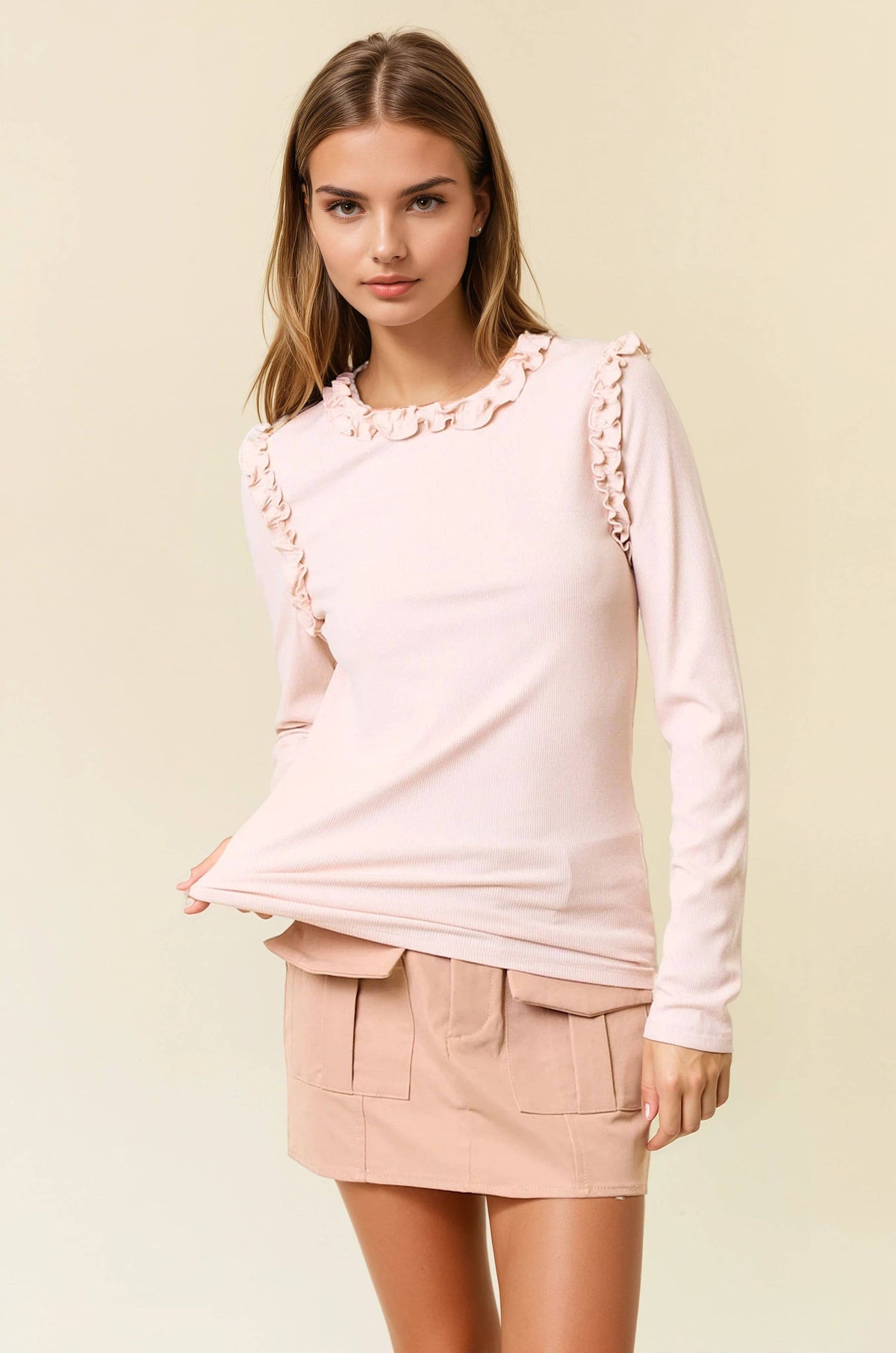 Soft Ribbed Ruffle Long Sleeve Tee