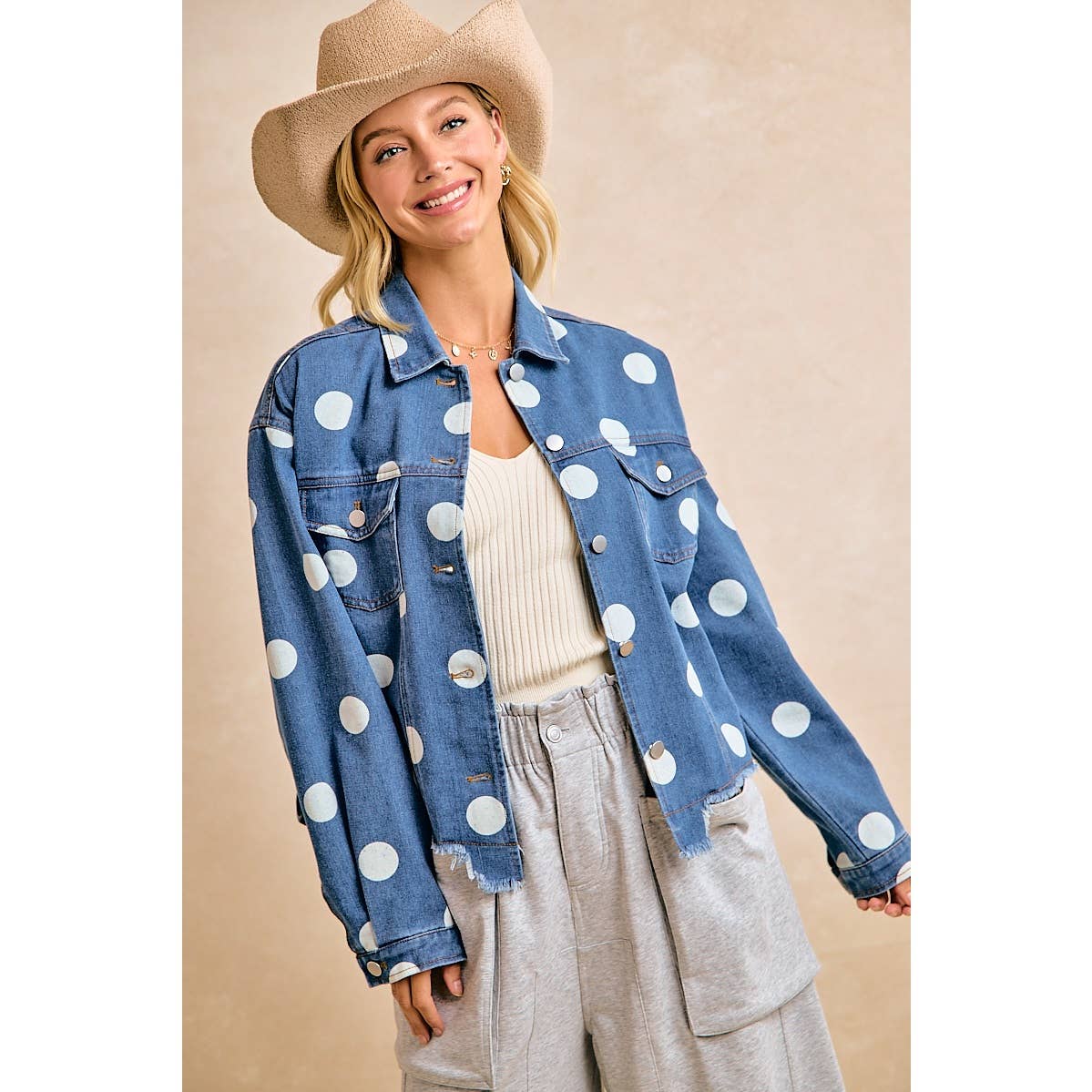 Polka Dot Cropped Denim Jacket with Frayed Hem Button