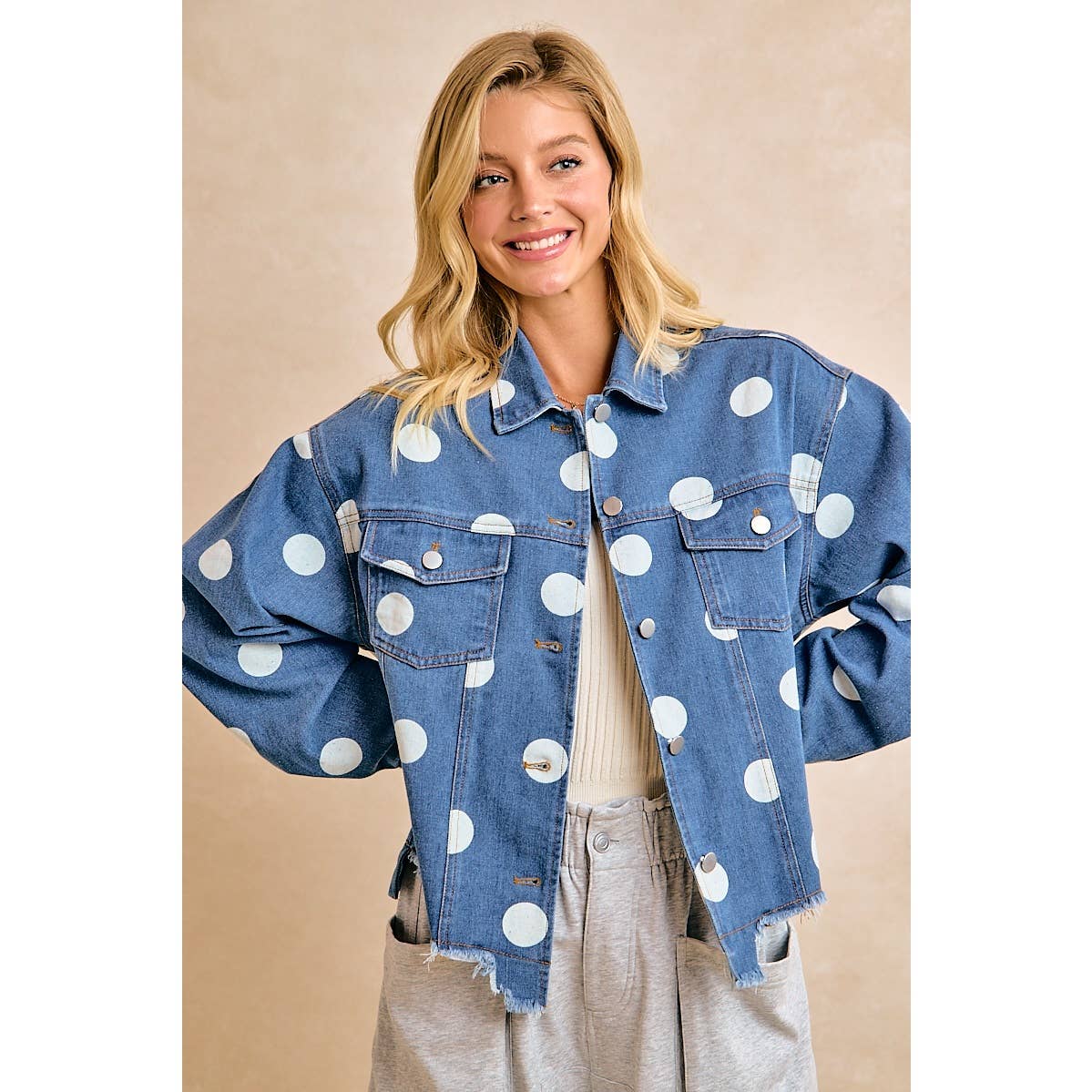 Polka Dot Cropped Denim Jacket with Frayed Hem Button