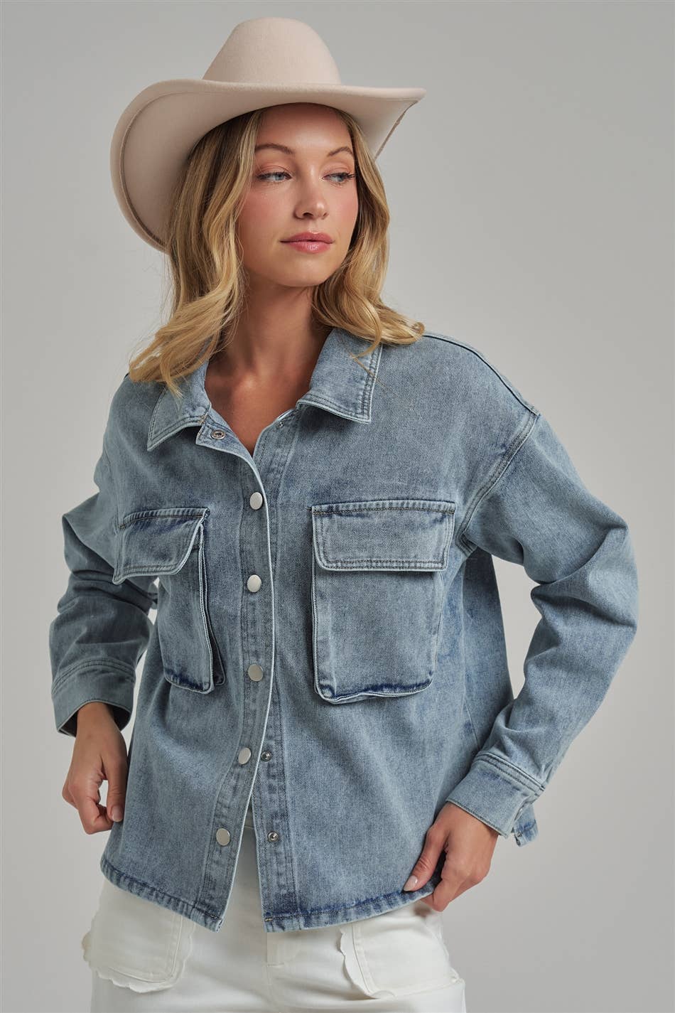 WASHED DENIM SHACKET WITH 3D FRONT POCKETS