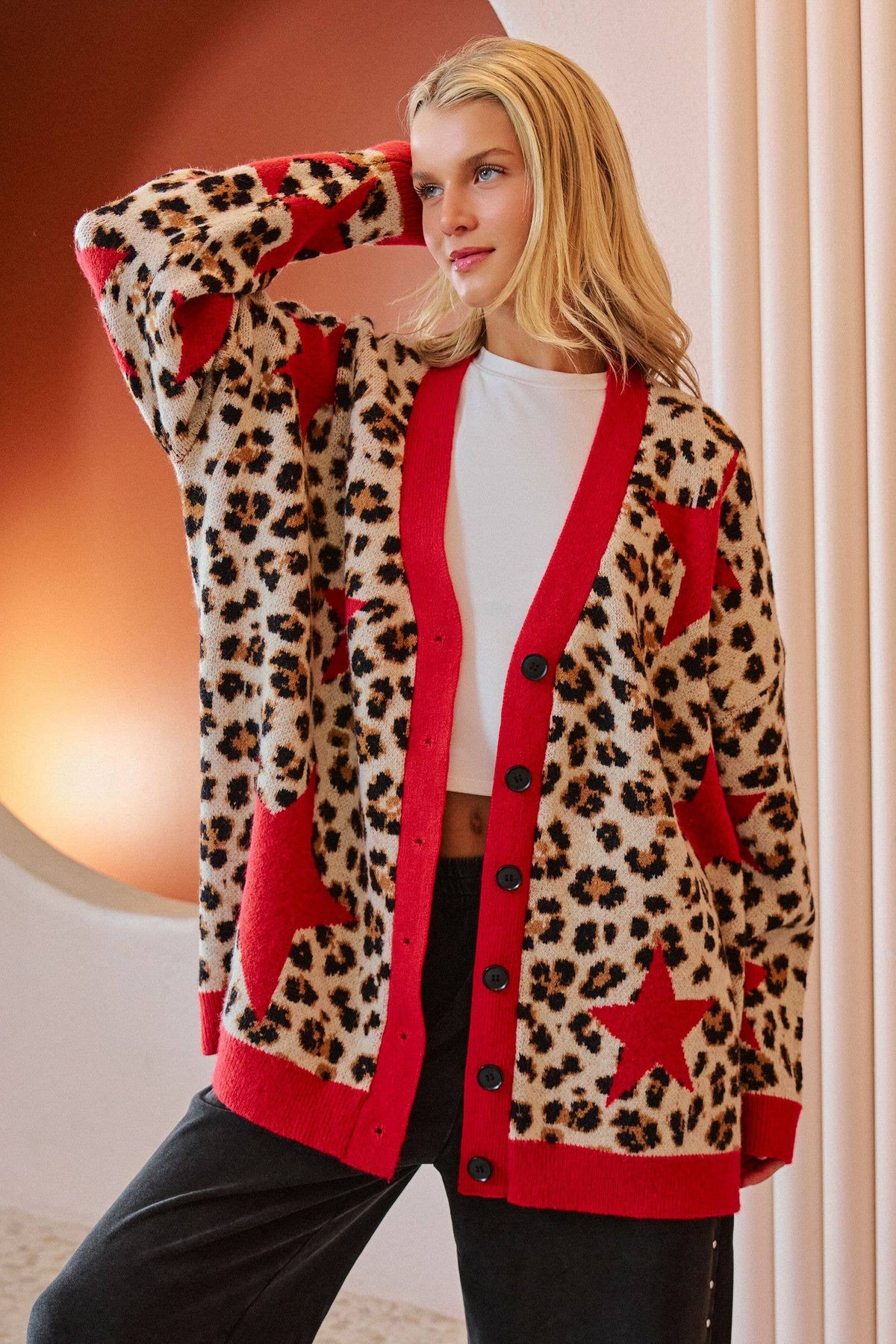PLUS SIZE LEOPARD STAR CARDIGAN SWEATER