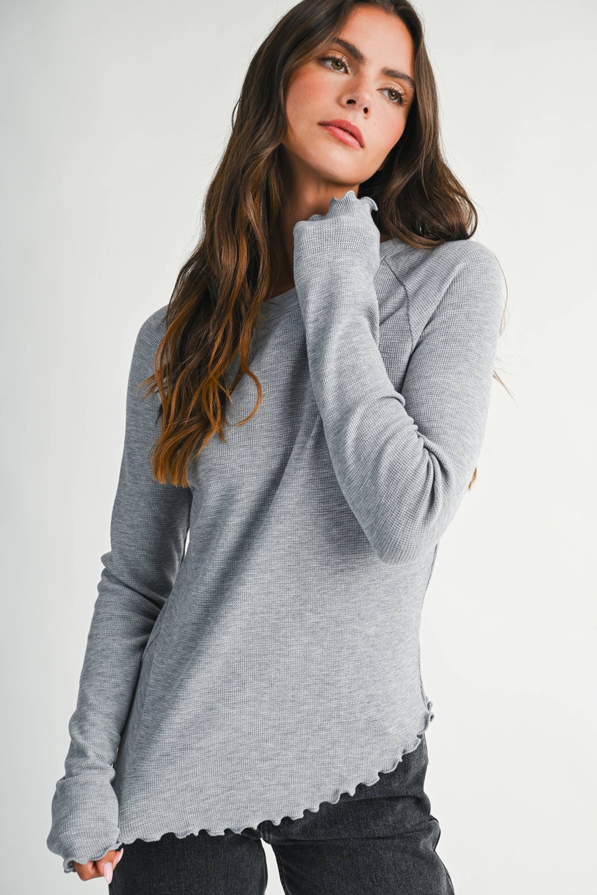 Thermal Knit Lettuce Edge Long Sleeve Top