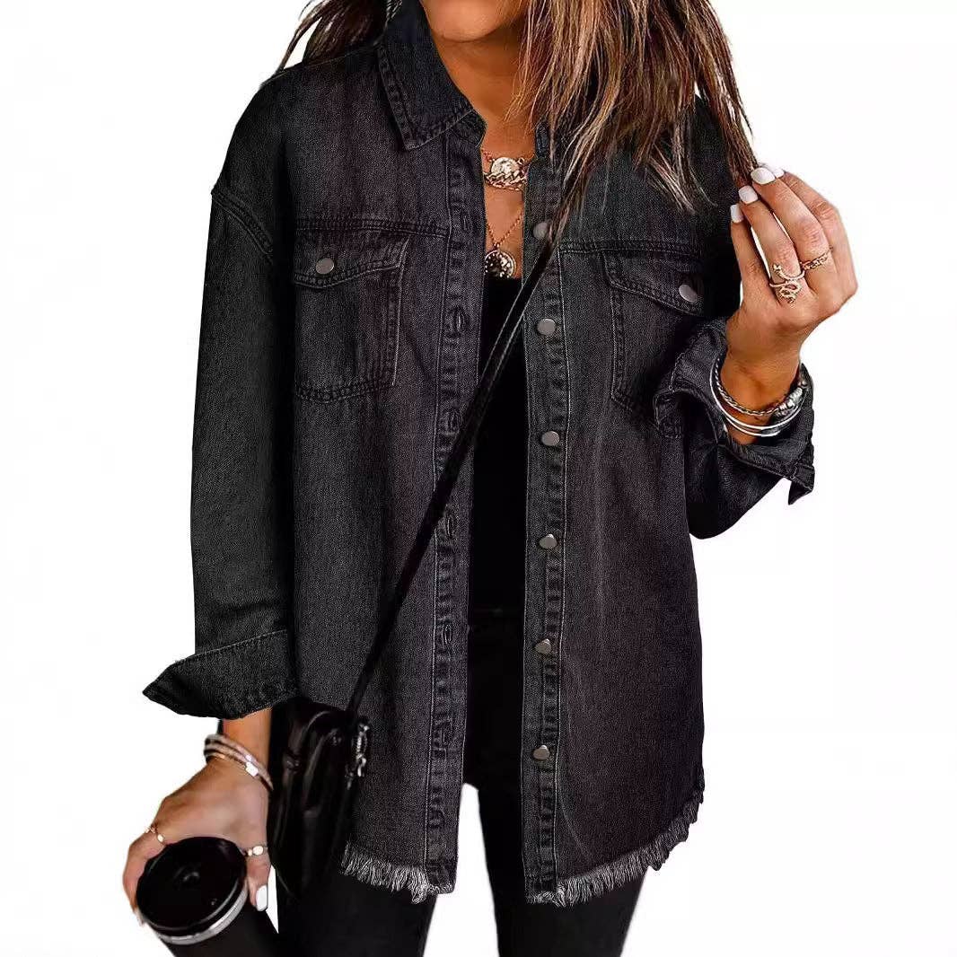 Washed Long Sleeve Frayed Hem Jacket
