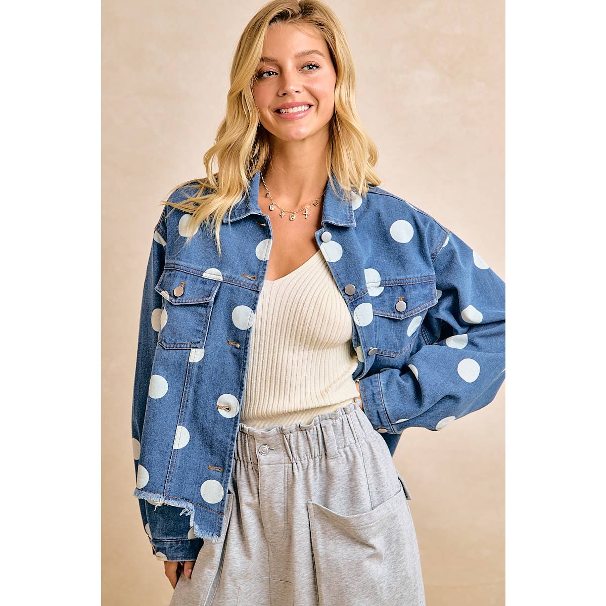 Polka Dot Cropped Denim Jacket with Frayed Hem Button