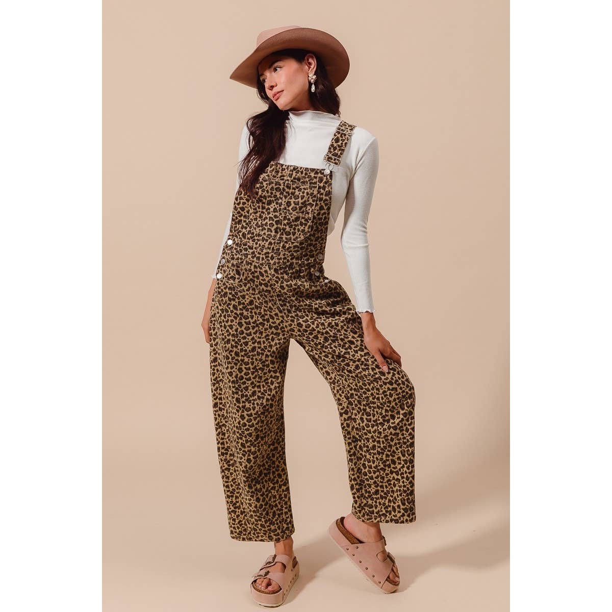 LEOPARD TWILL SLOUCHY BARREL OVERALLS JUMPSUIT
