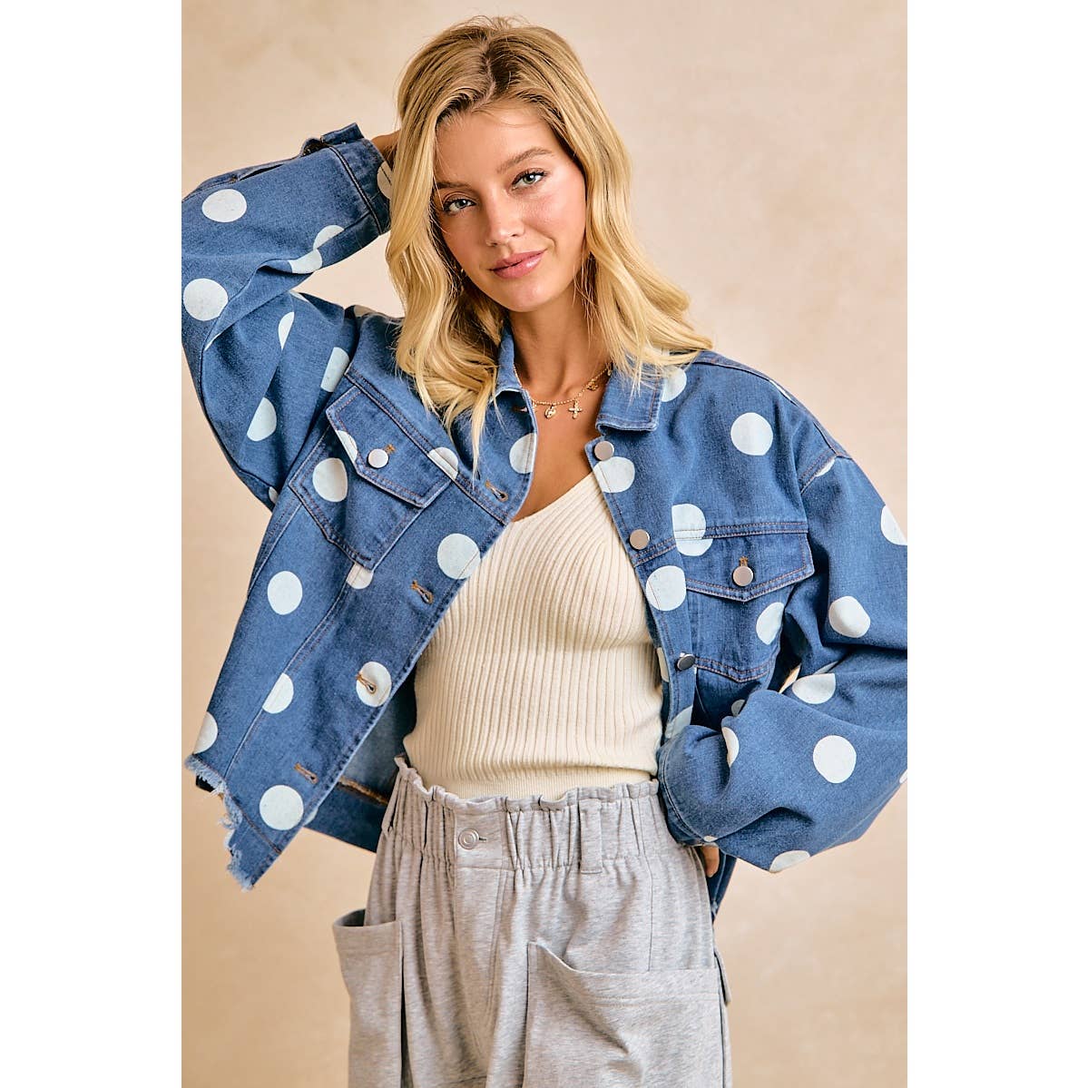 Polka Dot Cropped Denim Jacket with Frayed Hem Button