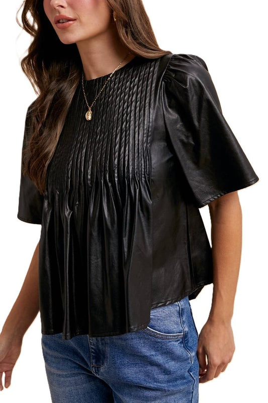 Leather Pin Tuck Detail Blouse
