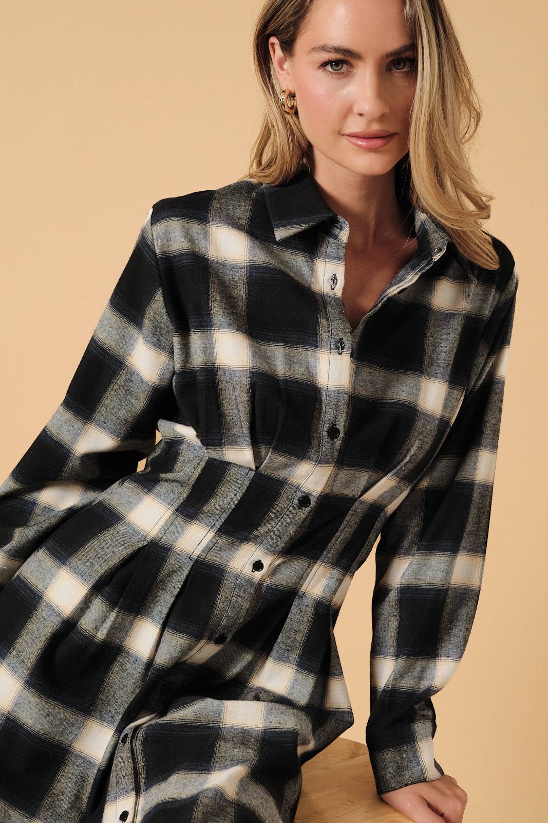 Plaid Long Sleeve Pleated Button Down Midi Shirt Dress