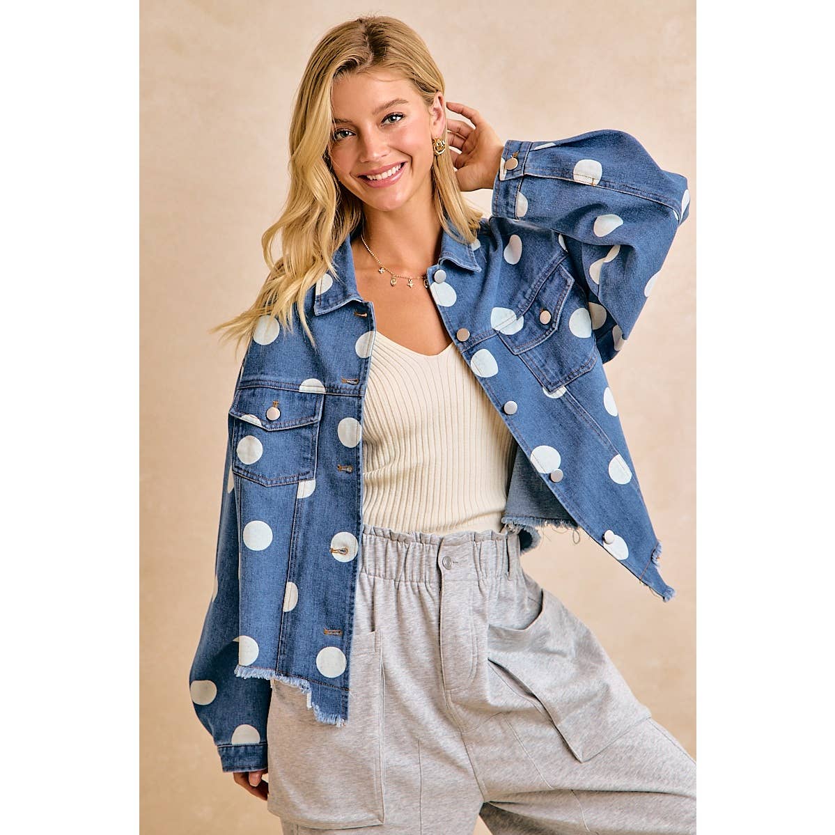 Polka Dot Cropped Denim Jacket with Frayed Hem Button
