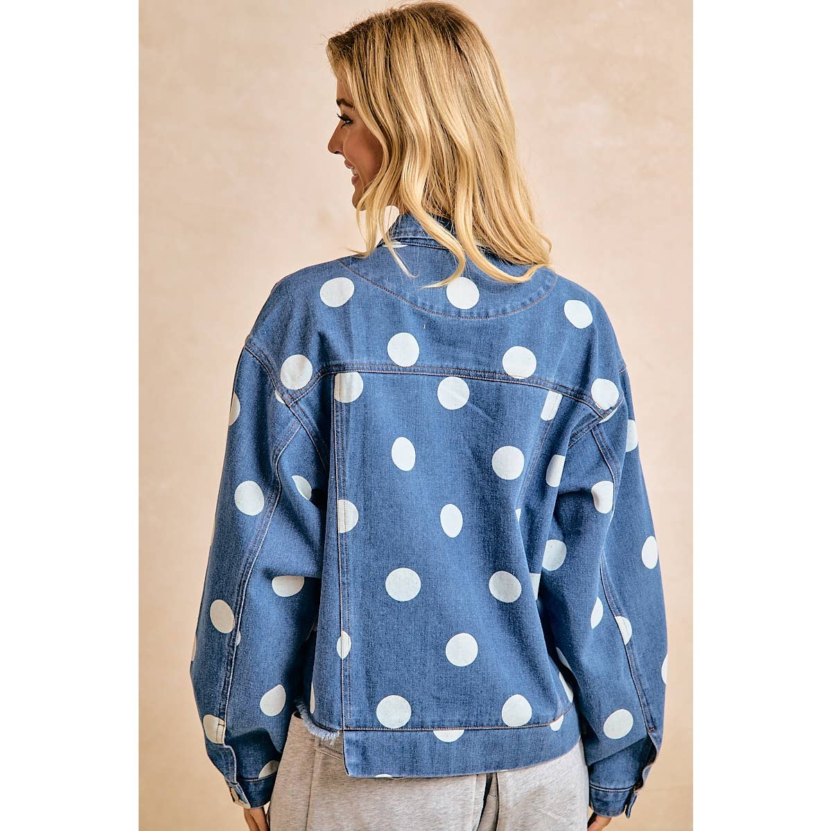 Polka Dot Cropped Denim Jacket with Frayed Hem Button