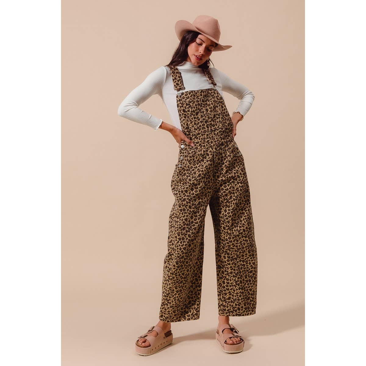LEOPARD TWILL SLOUCHY BARREL OVERALLS JUMPSUIT