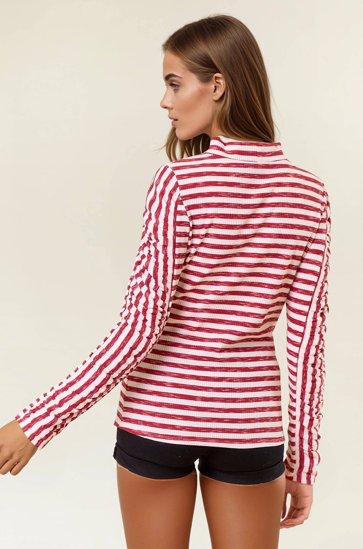 LUREX STRIPED RIB MOCK NECK GATHER LONG SLEEVE TOP