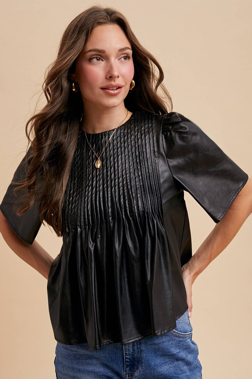 Leather Pin Tuck Detail Blouse