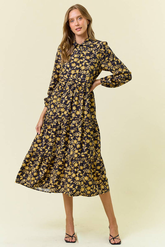 Floral Printed Long Sleeve Tiered Midi Dress