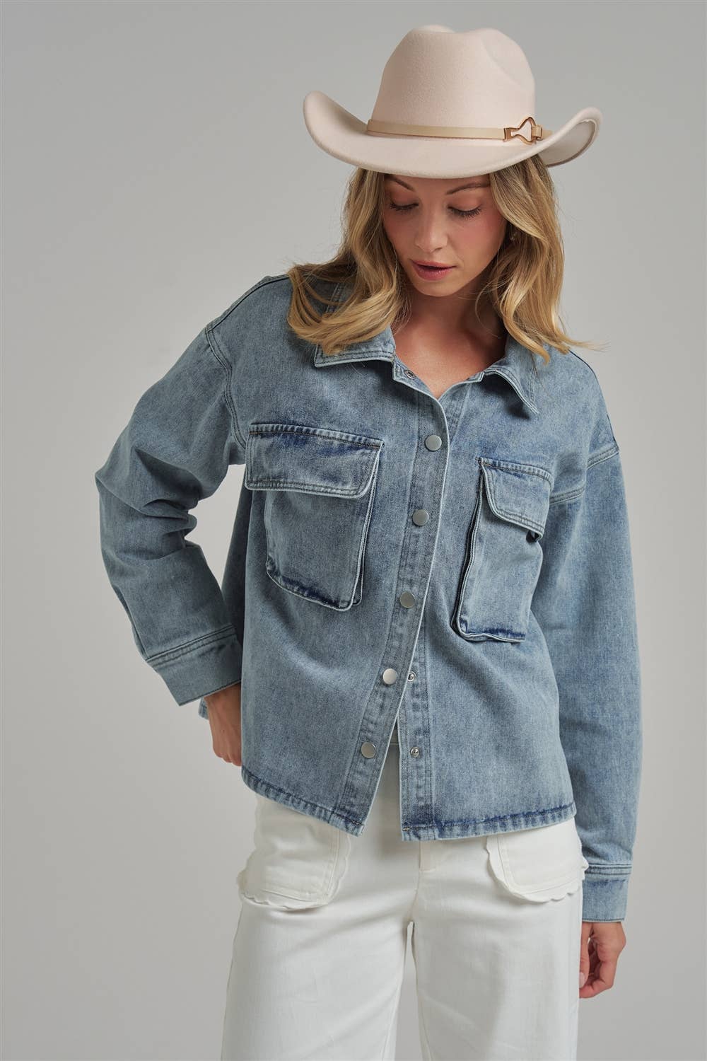WASHED DENIM SHACKET WITH 3D FRONT POCKETS