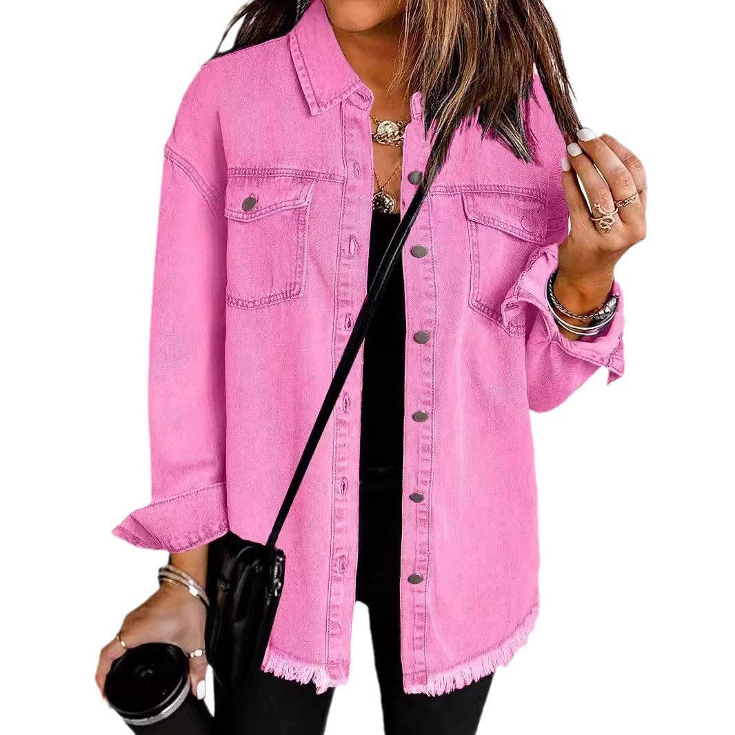 Washed Long Sleeve Frayed Hem Jacket