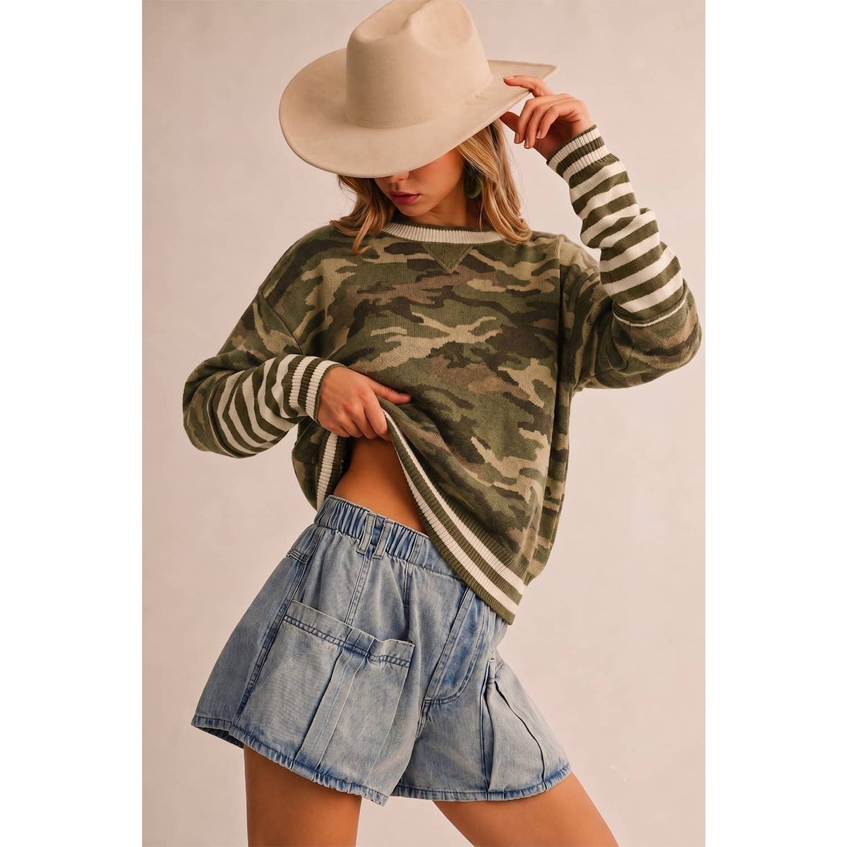 Vintage Stripe Camo Leopard Relaxed Knit Pullover