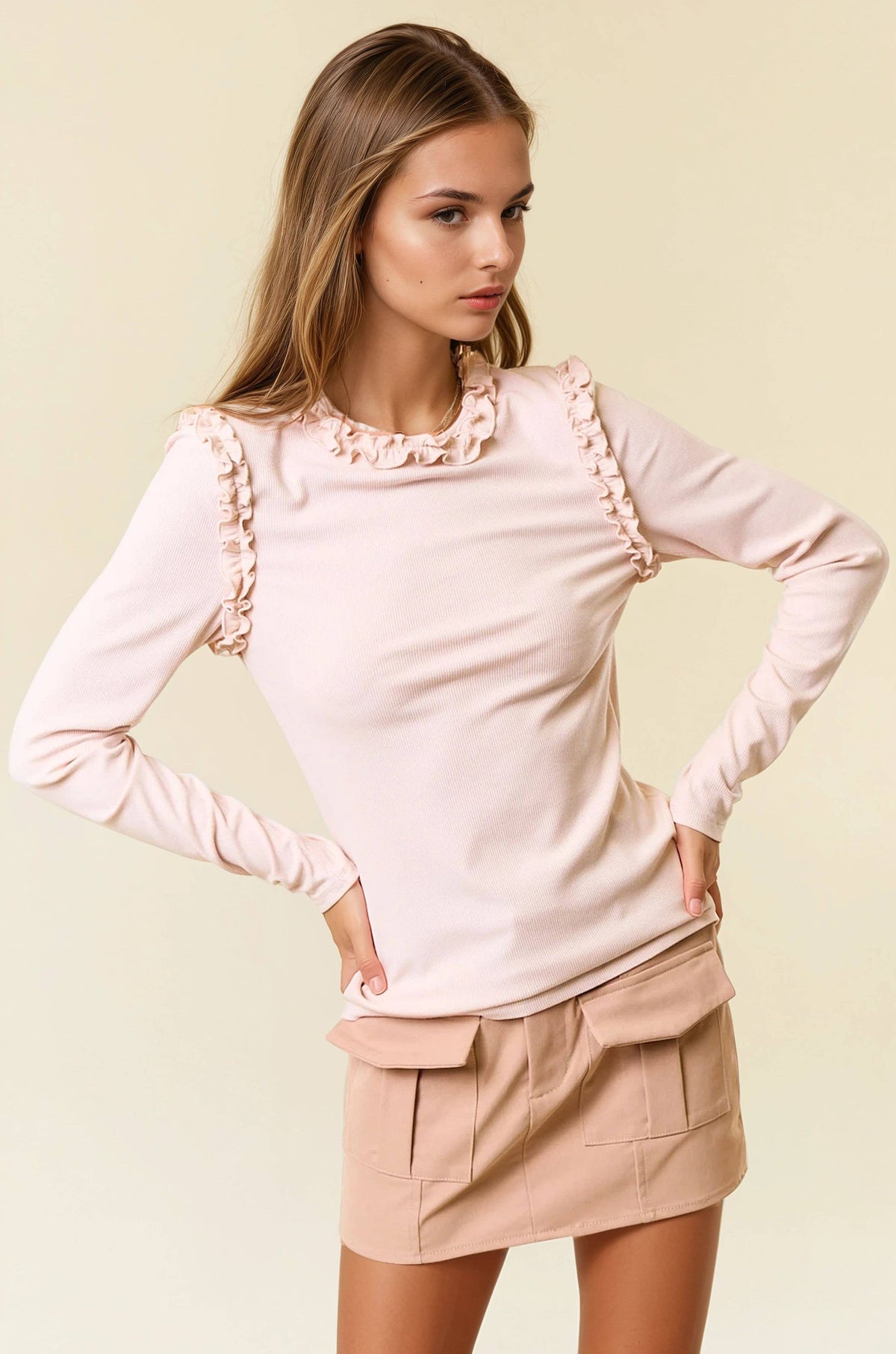Soft Ribbed Ruffle Long Sleeve Tee