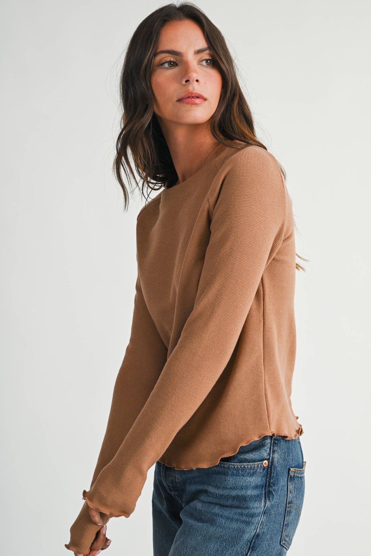 Thermal Knit Lettuce Edge Long Sleeve Top
