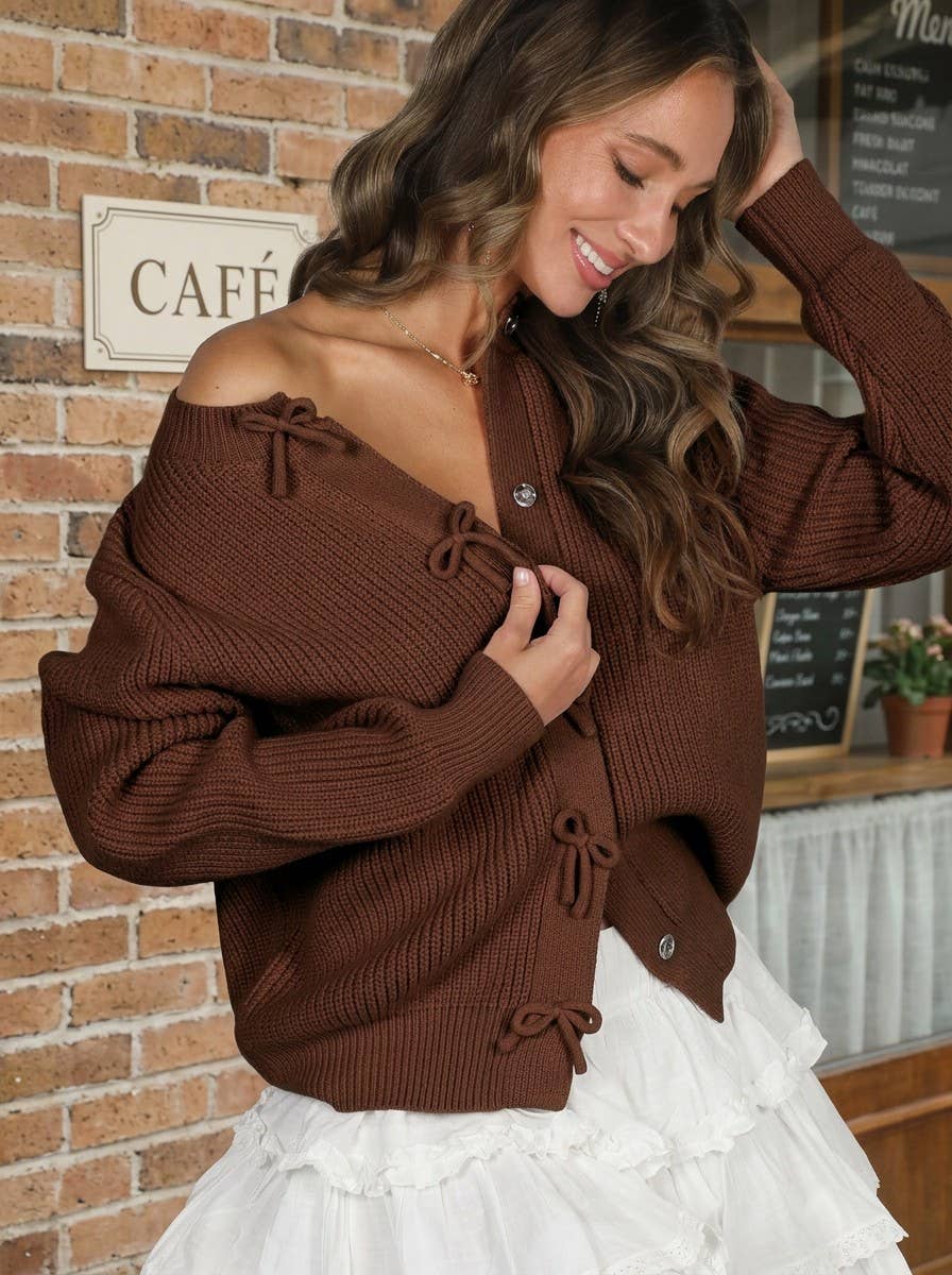 Bow Snap Button Detail Long Sleeve Sweater Cardigan