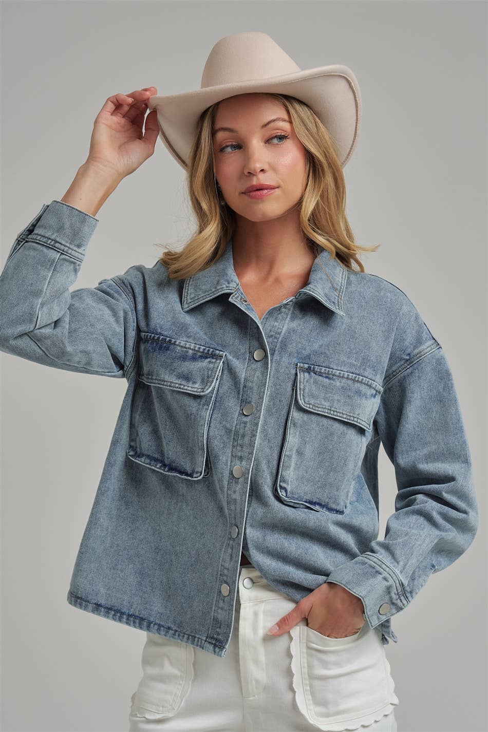WASHED DENIM SHACKET WITH 3D FRONT POCKETS