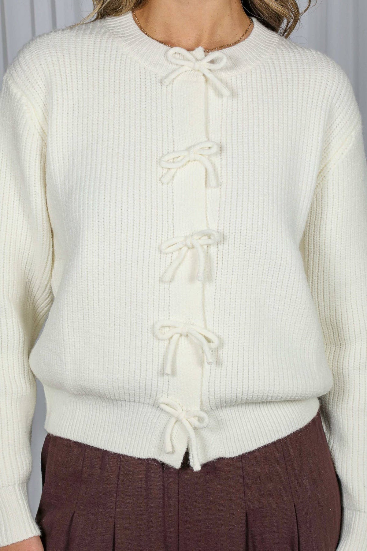 Bow Snap Button Detail Long Sleeve Sweater Cardigan