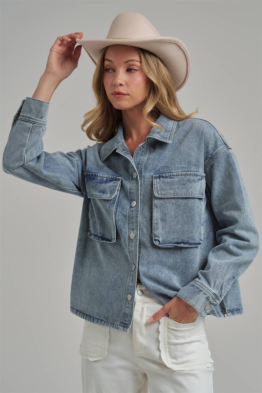 WASHED DENIM SHACKET WITH 3D FRONT POCKETS