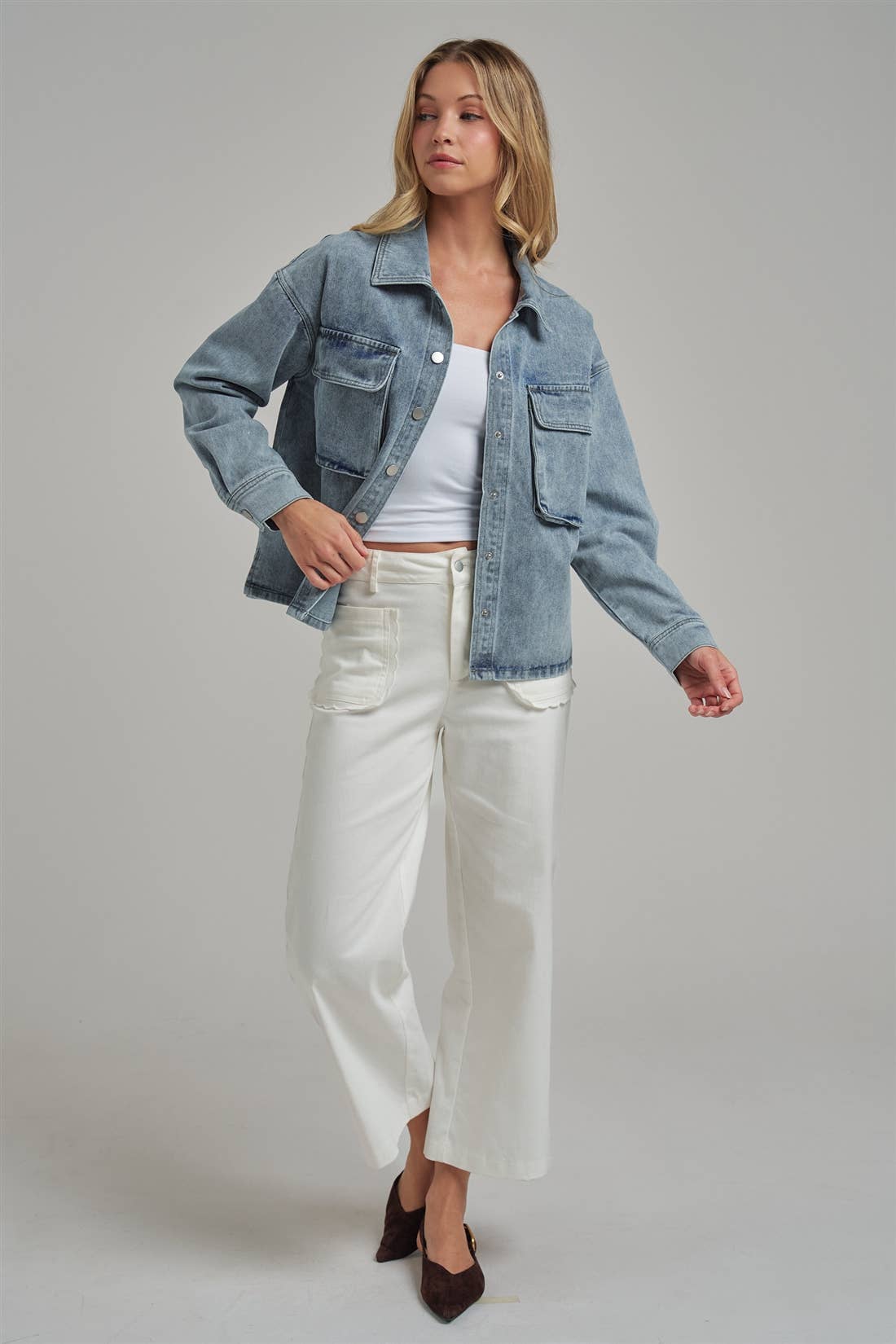 WASHED DENIM SHACKET WITH 3D FRONT POCKETS