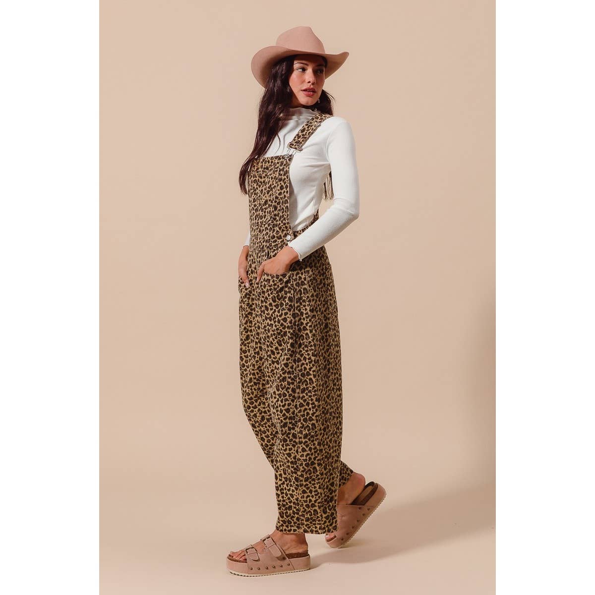 LEOPARD TWILL SLOUCHY BARREL OVERALLS JUMPSUIT