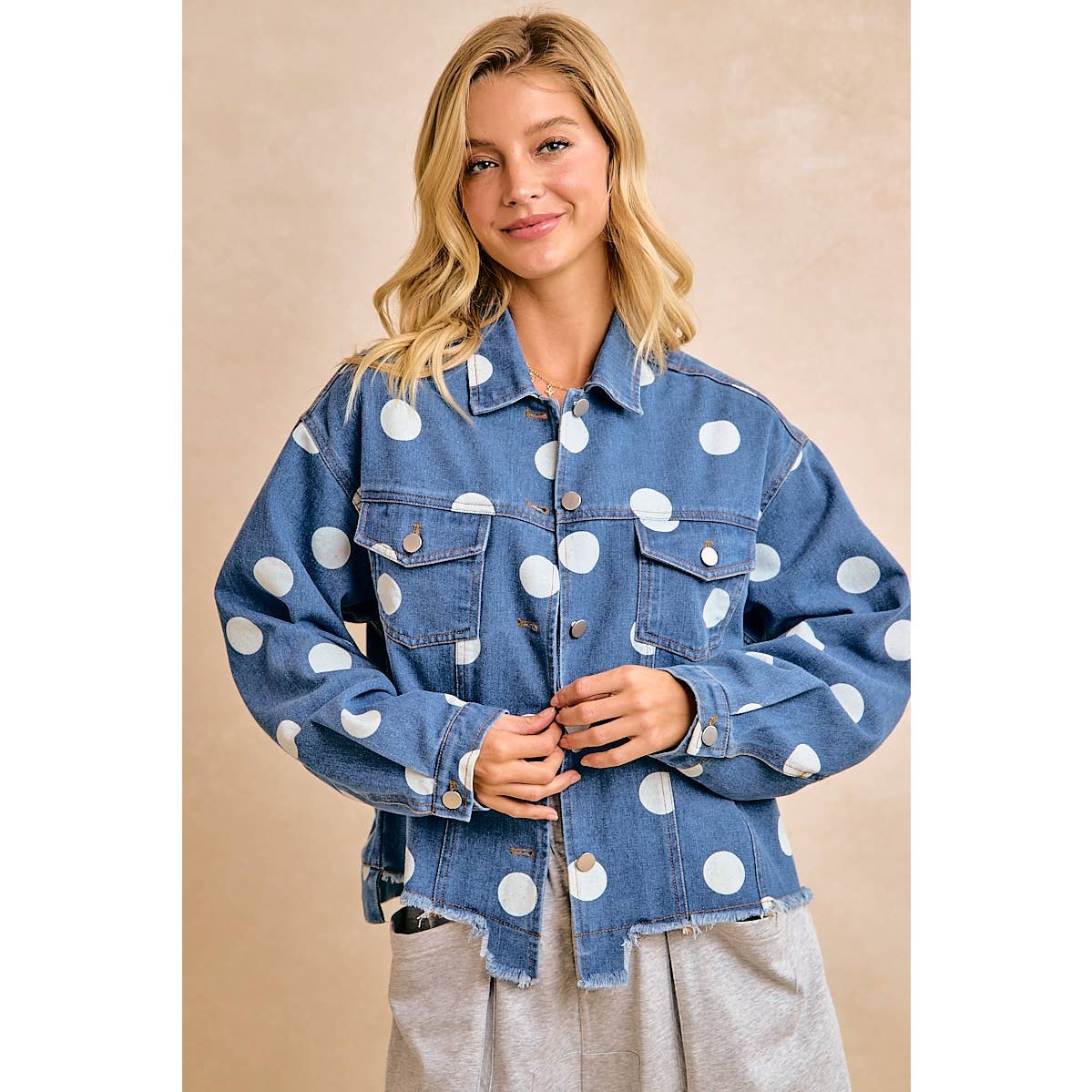 Polka Dot Cropped Denim Jacket with Frayed Hem Button