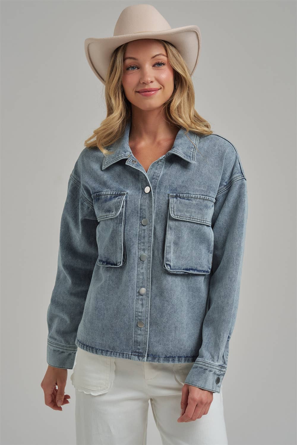 WASHED DENIM SHACKET WITH 3D FRONT POCKETS