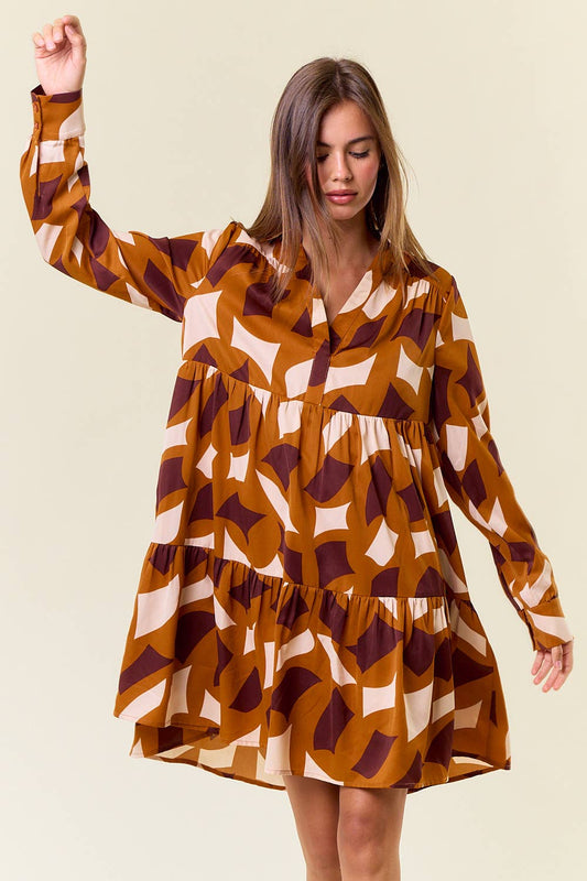 Abstract Print Long Sleeve Tiered Mini Dress